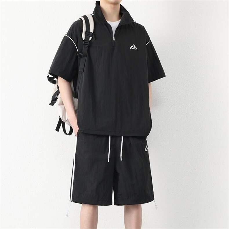 美式三条杠冰丝休闲男装夏季运动套装男款搭男生速干衣服TZ116p50,男装防晒衣,电商D315