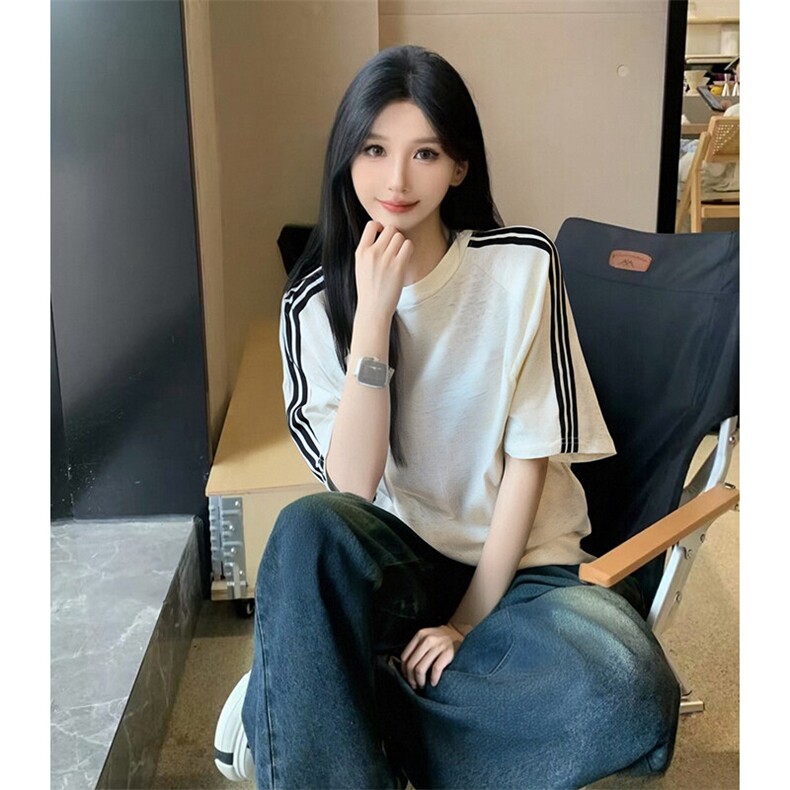 抖音得物品质二开240克宽松纯棉美式潮牌印花三条杠中性风短袖T恤,男装T恤,电商A486-1