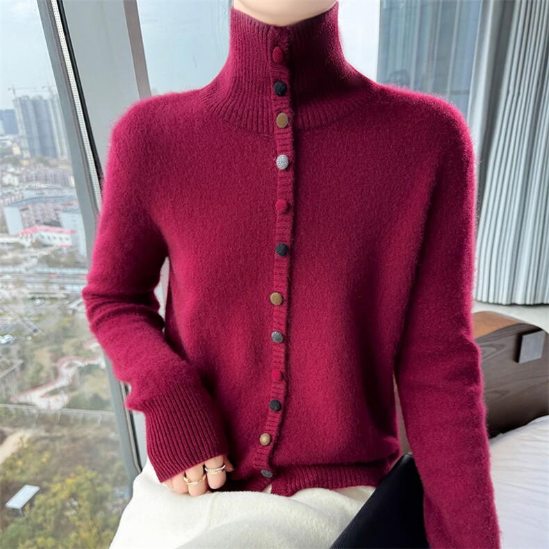 秋冬100%纯羊毛假开衫女高翻领彩扣针织外套毛衣宽松洋气羊绒上衣,女装羊毛衫,百越羊绒