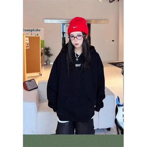 美式手写刺绣连帽卫衣男女加绒春秋季高街潮牌情侣宽松上衣帽衫图片