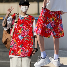 TZ04东北大花坎肩无袖背心马甲短裤套装大码风民族特色汉服潮，男装休闲套装，星座115A(原星座507）
