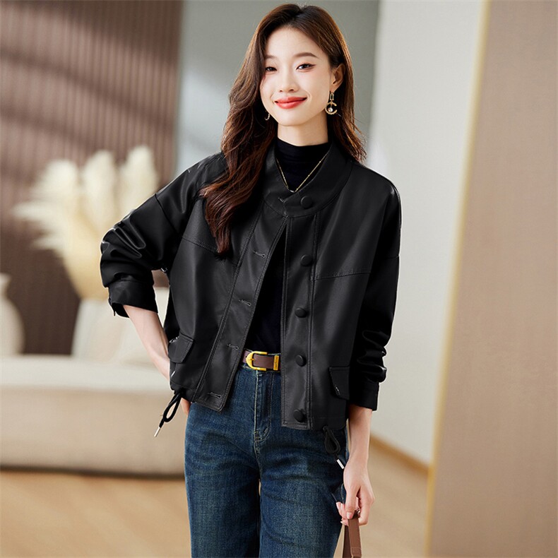加绒短款皮衣外套女小个子秋季2023年新款美式复古机车服pu皮夹克,女装皮衣,潮流依族