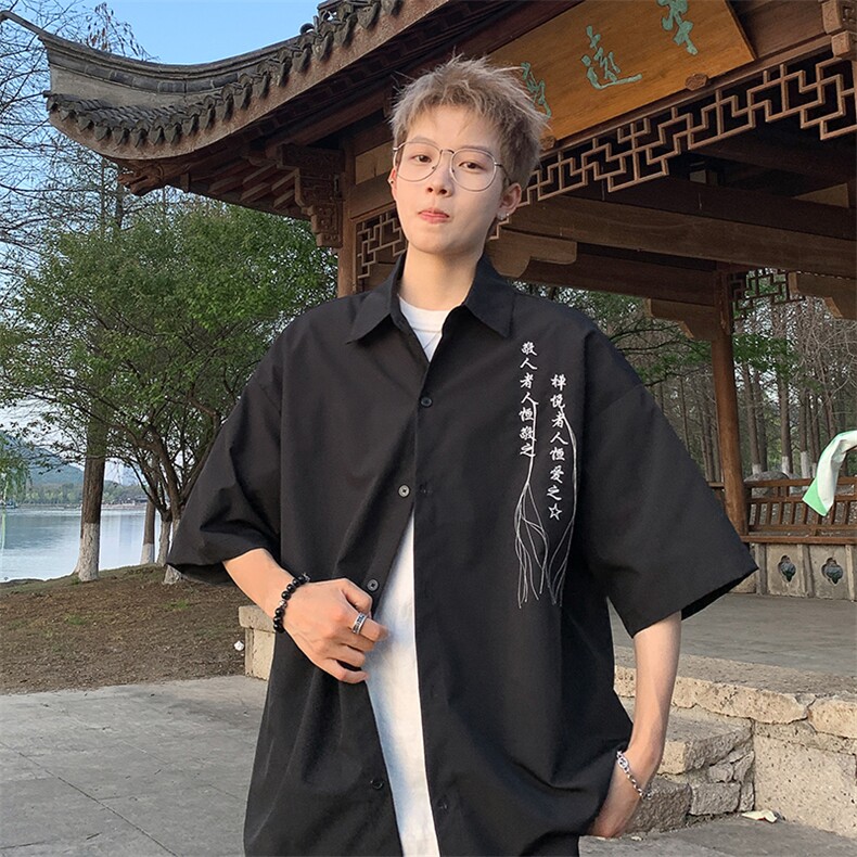 量大优新中式毛笔书法刺绣流苏短袖衬衫冰丝垂感衬衣C2321-特P35,男装T恤,星座1213