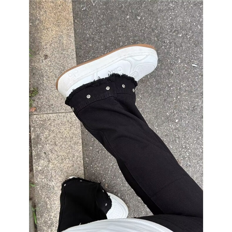 美式复古黑色微喇牛仔裤男cleanfit水洗做旧毛边铆钉显瘦休闲裤潮,男装牛仔裤,星座302B