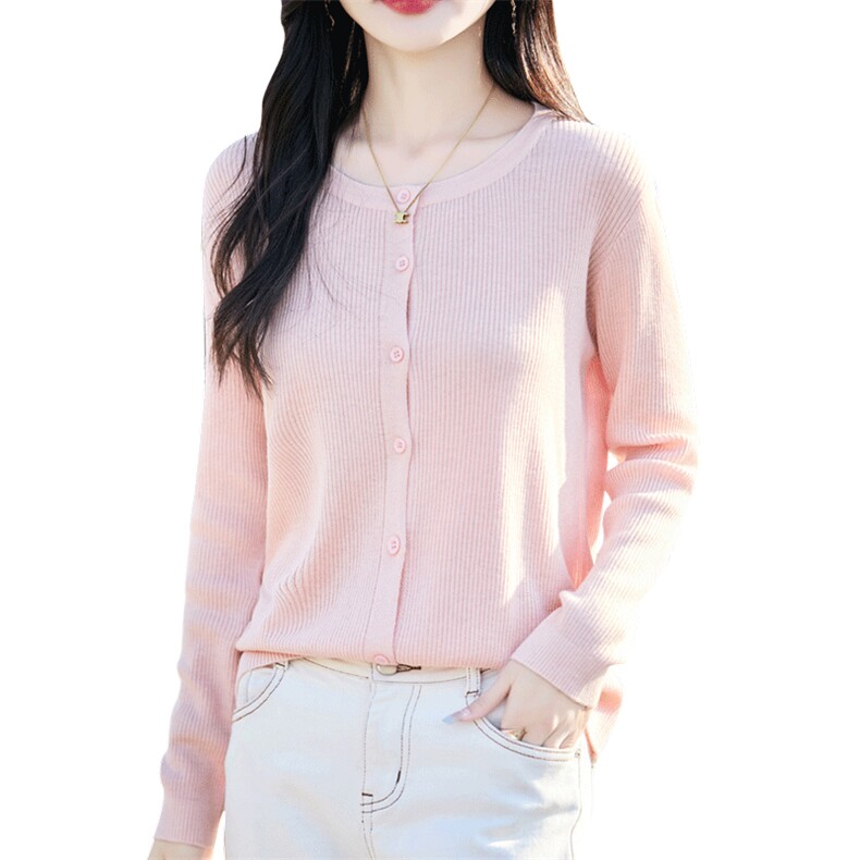 高级感精纺羊毛衫针织毛衣女士圆领坑条长袖纯色上衣宽松休闲外套,针织衫/毛衣,佰米娇羊绒