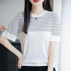 2025夏季新款莱赛尔天丝针织短袖T恤女圆领条纹拼色薄款上衣图片