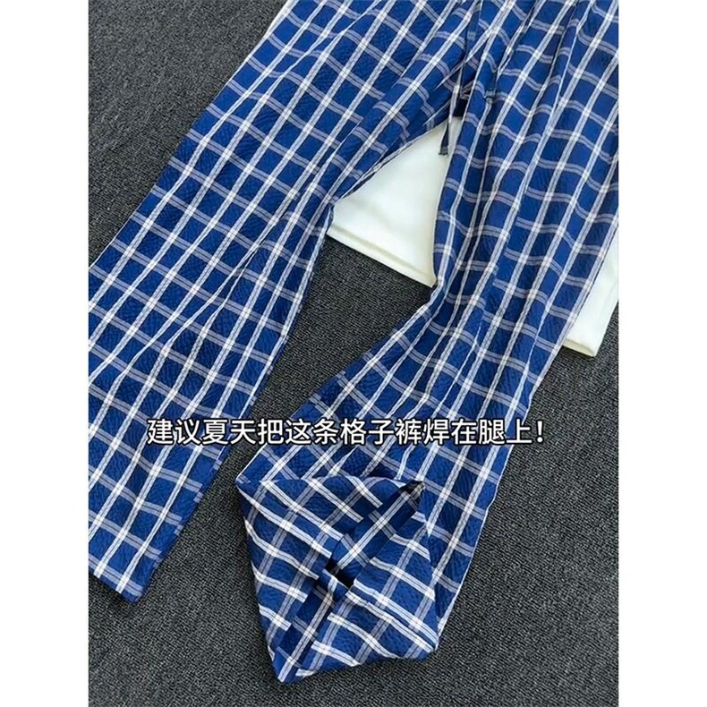 美式高街潮牌男女泡泡格子休闲裤直筒宽松慵懒显瘦阔腿休闲长裤子,男装休闲裤,电商A486