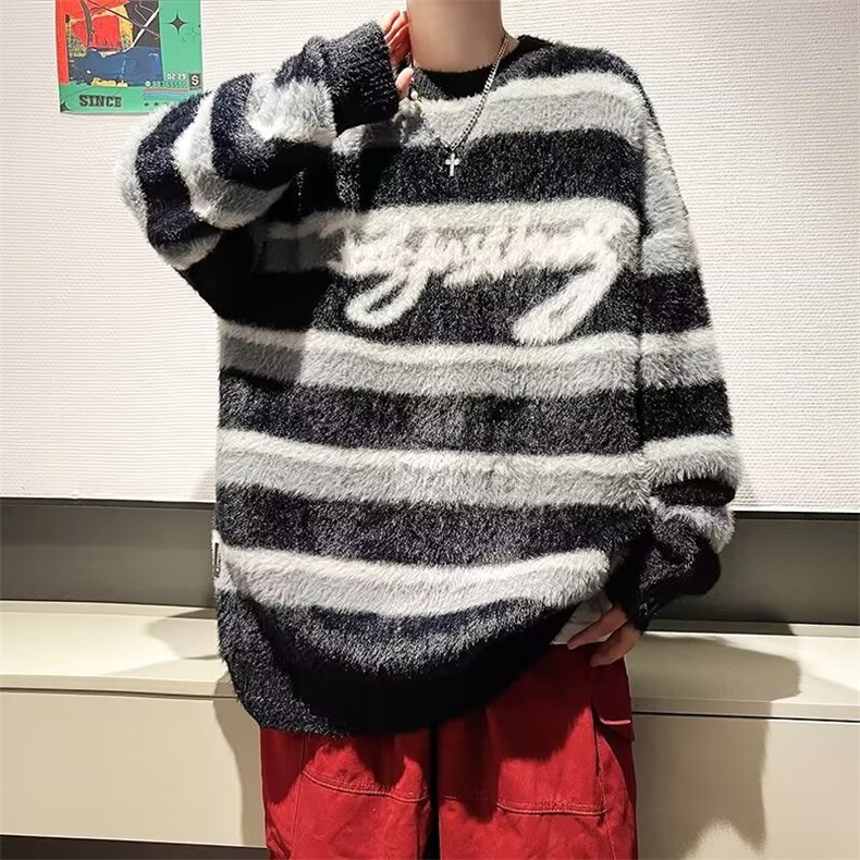 嘻哈美式条纹针织衫男冬季刺绣毛衣宽松潮流慵懒风外套MZ136-P65,男装针织衫/毛衣,星座412-3