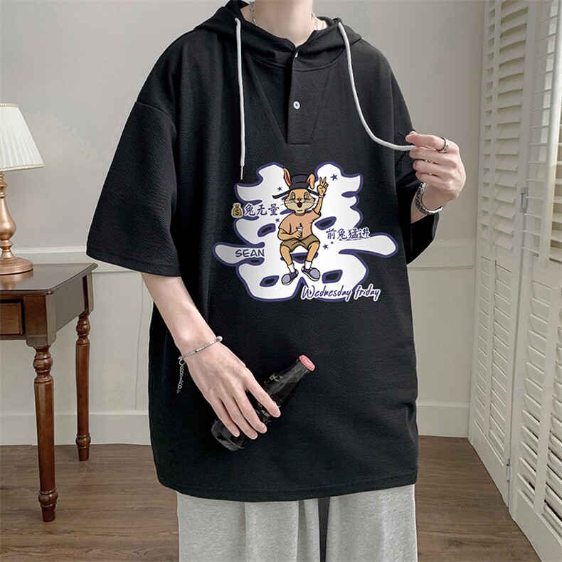 连帽短袖t恤男大码胖子带帽五分袖中袖LD54306-P45,男装T恤,电商A040