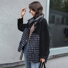 冬季新款格纹拼接时尚双面呢羊绒外套立领潮流女，女装毛呢外套，美吧服饰