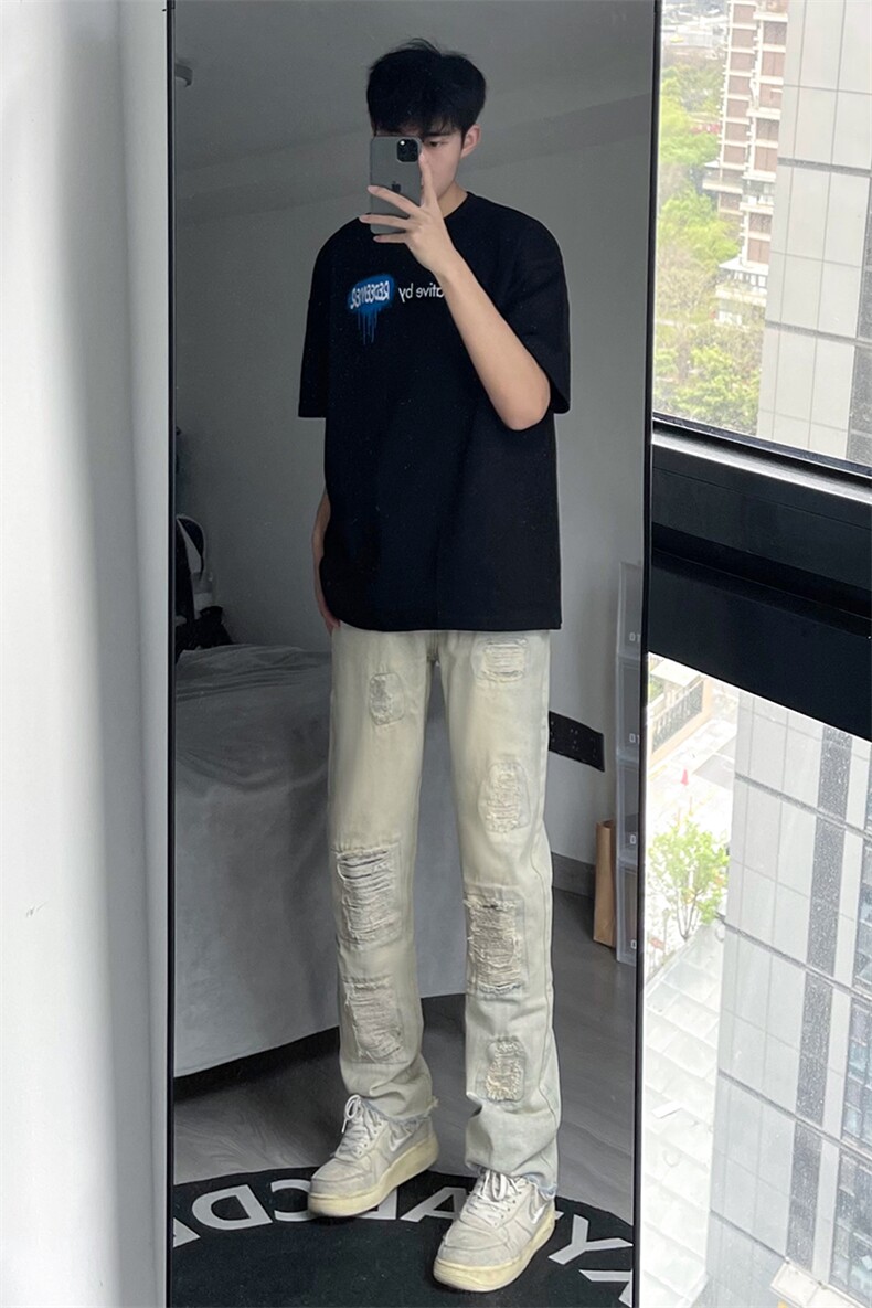 B221美式ins高街暗黑小众修身小脚破洞牛仔裤LK23055-P65控88,男装牛仔裤,电商B221