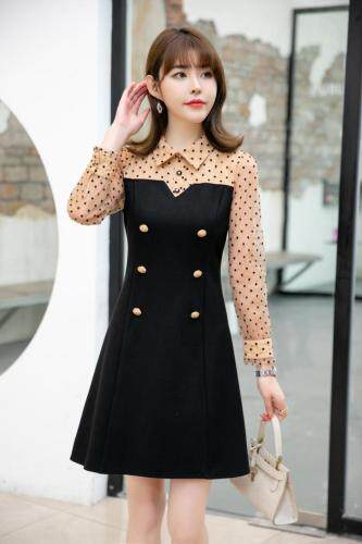 2021春款波点拼接欧根纱假两件收腰连衣裙，女装连衣裙，衣佳佰分