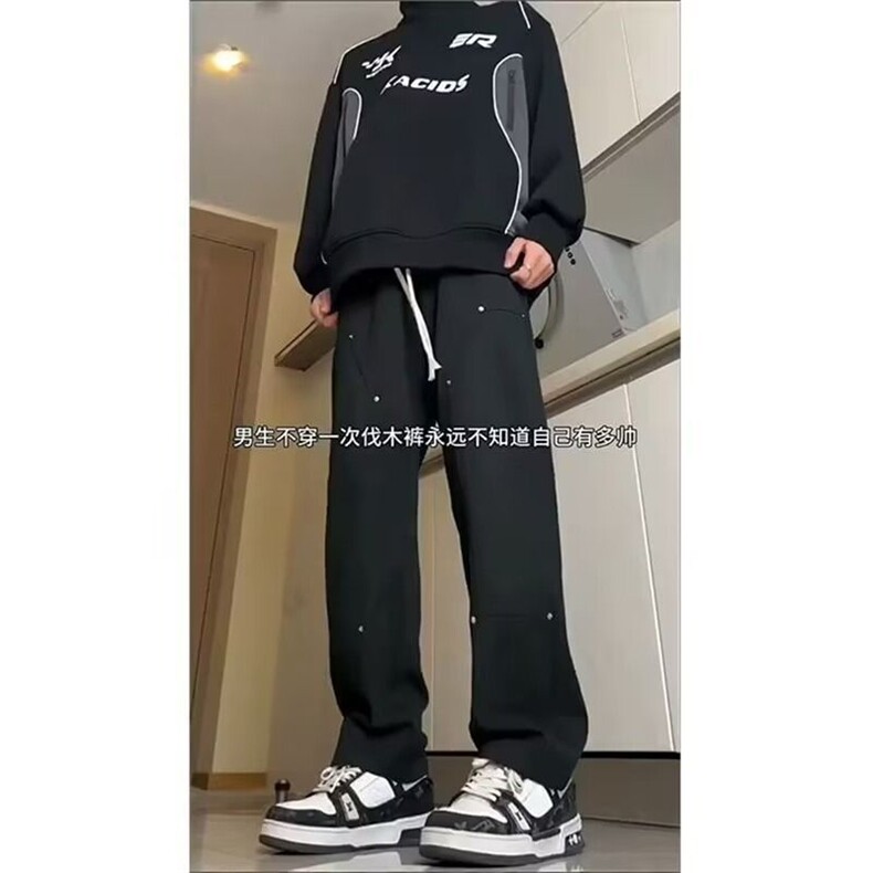 现货柳钉伐木裤男秋冬宽松直筒裤百搭重磅卫裤美式高街运动休闲长,男装休闲裤,星座218-1（原230）