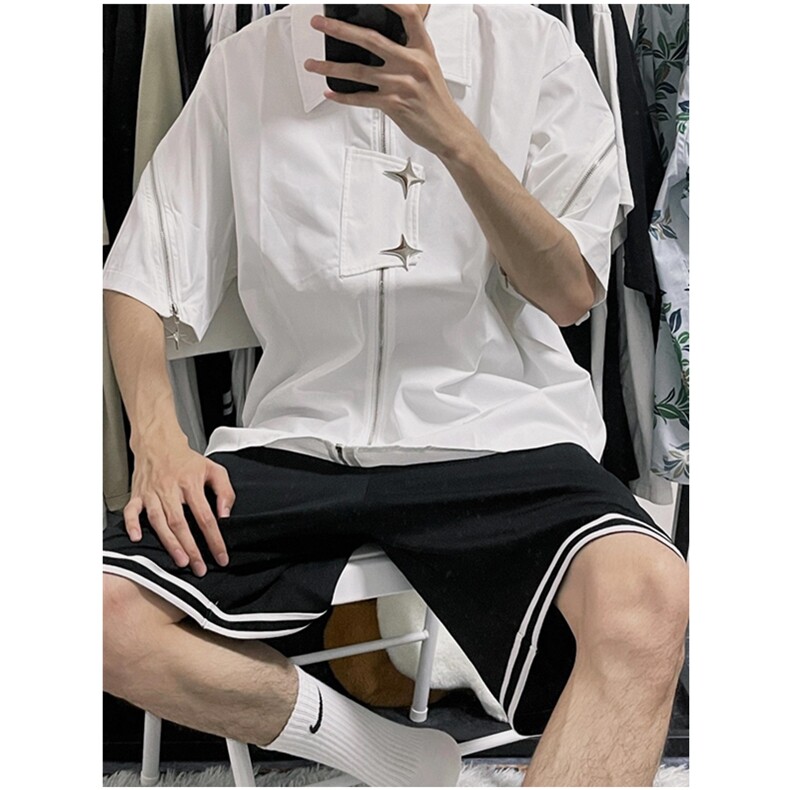拉链短袖衬衫新款潮牌宽松风百搭拉链上衣JC106,男装衬衫,星座1116A（原606A-3）