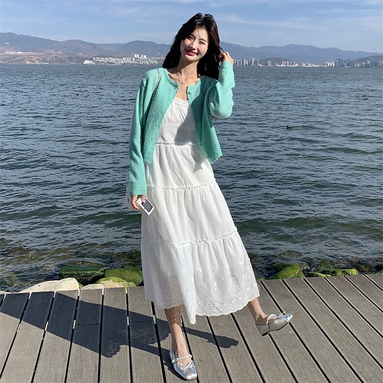韩系甜美温柔针织开衫吊带连衣裙套装女春季欧若风夏日绝美小白裙,女装套装/套裙,3200格调