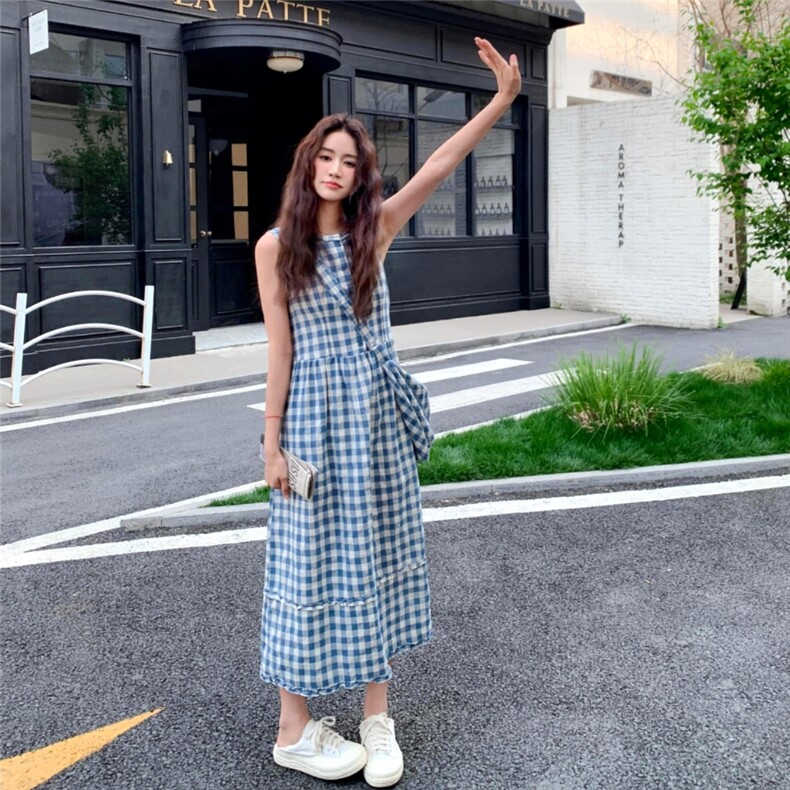蓝色小清新木耳边无袖连衣裙女2025夏新款韩系复古气质格纹背心裙,女装连衣裙,2C216