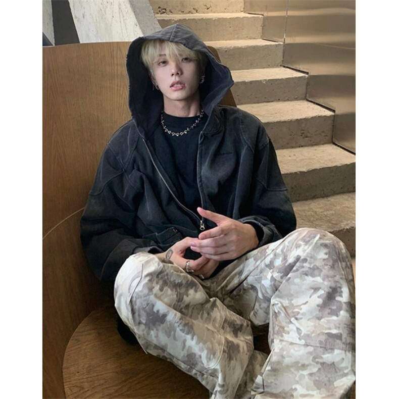 水洗做旧连帽拉链卫衣男女秋季新款宽松百搭外套上衣WA238,女装短外套,星座1116A（原606A-3）