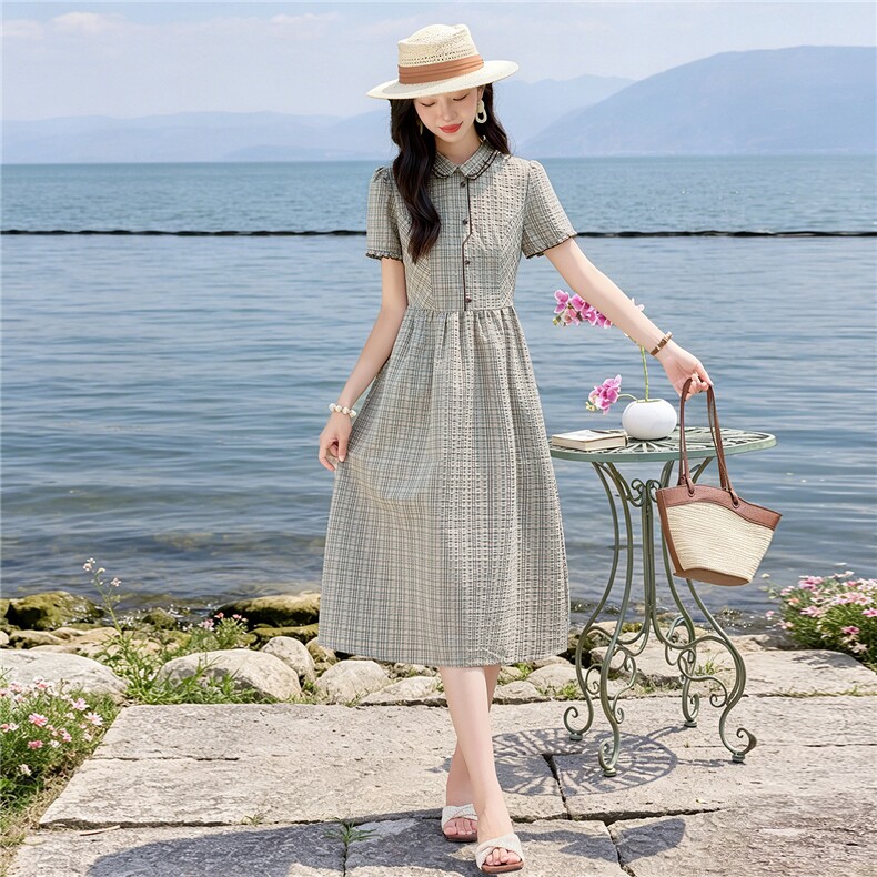 学院风格纹连衣裙女春夏收腰显瘦中长裙格子裙子,女装连衣裙,水衣源