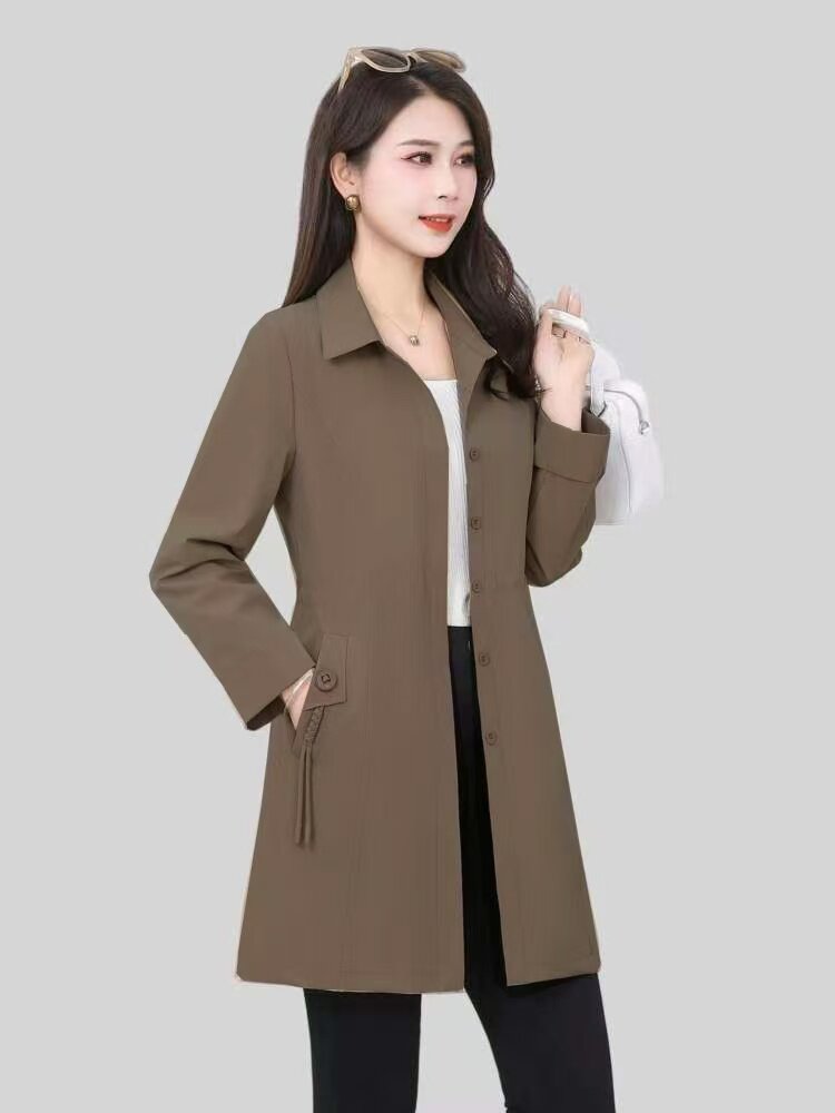 2025新款春季女装时尚妈妈装翻领长袖宽松休闲中长风衣外套女减龄,女装风衣,娇莉