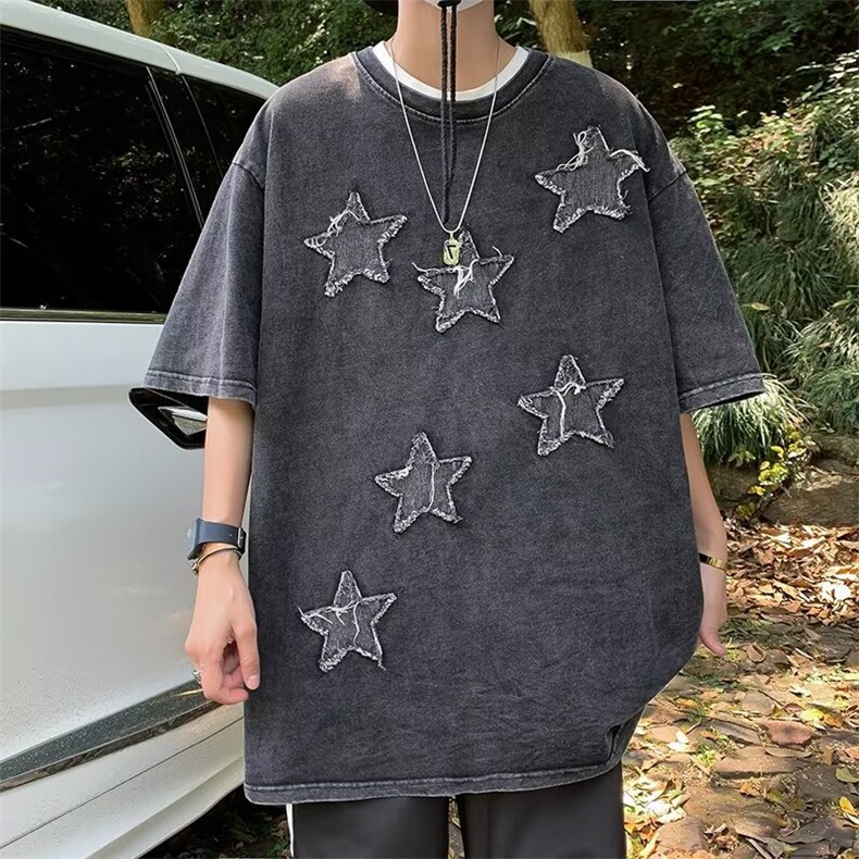 日常T恤时尚潮牌夏季五分袖ins潮流潮纯棉洗水做旧圆领HT128P38,男装T恤,星座1116-2
