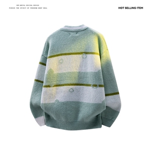 M8161/P65冬季美式时尚撞色条纹圆领?袖毛衣宽松休闲男女bf图片