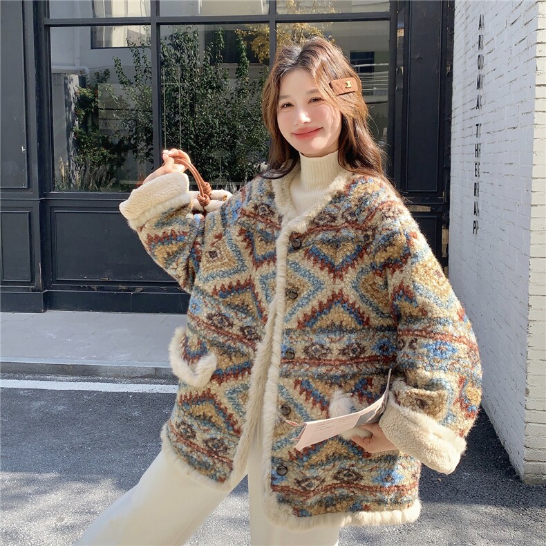 新品有货！复古费尔岛风加绒加厚羊羔毛外套2C213-927-P205-K308,女装短外套,2C213