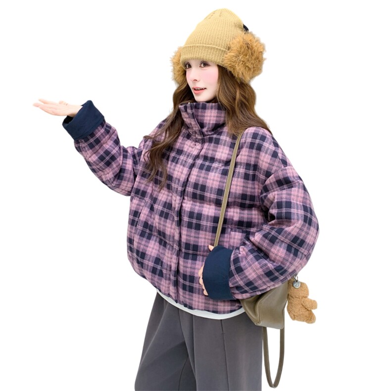 韩系撞色格纹两面穿羽绒服女2025冬新款小个子加厚保暖白鸭绒外套,女装羽绒服,2C375