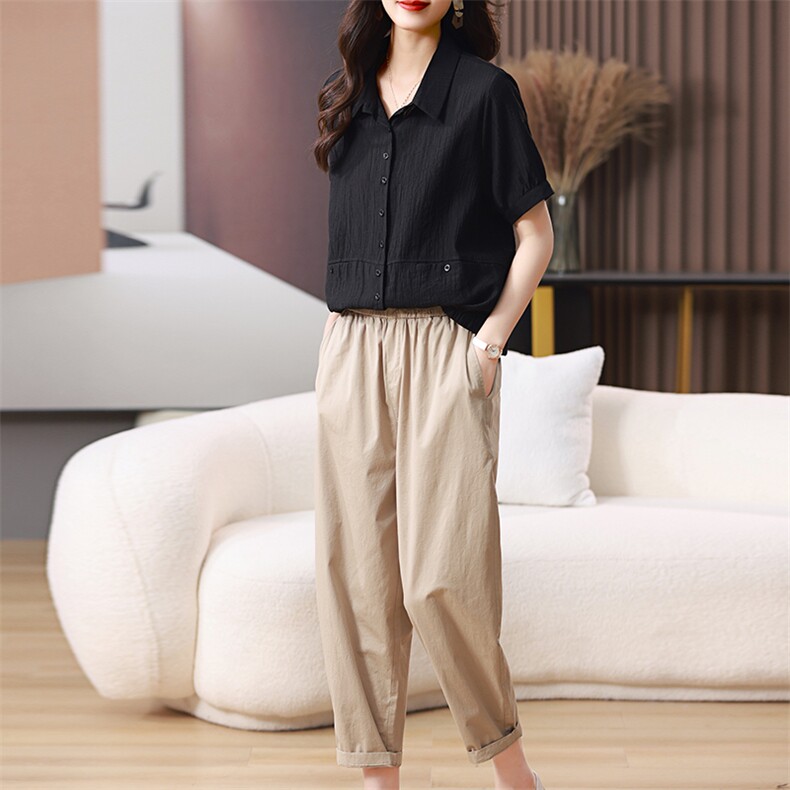 2023夏装新款纯色衬衫短袖两件套，女装套装/套裙，梦芯尔