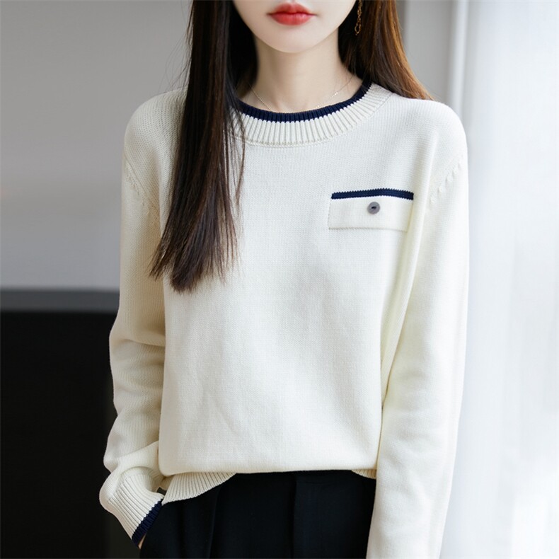 2025新款秋季小衫100%纯棉线针织衫女上衣长袖洋气遮肚拼色妈妈装,针织衫/毛衣,长今羊
