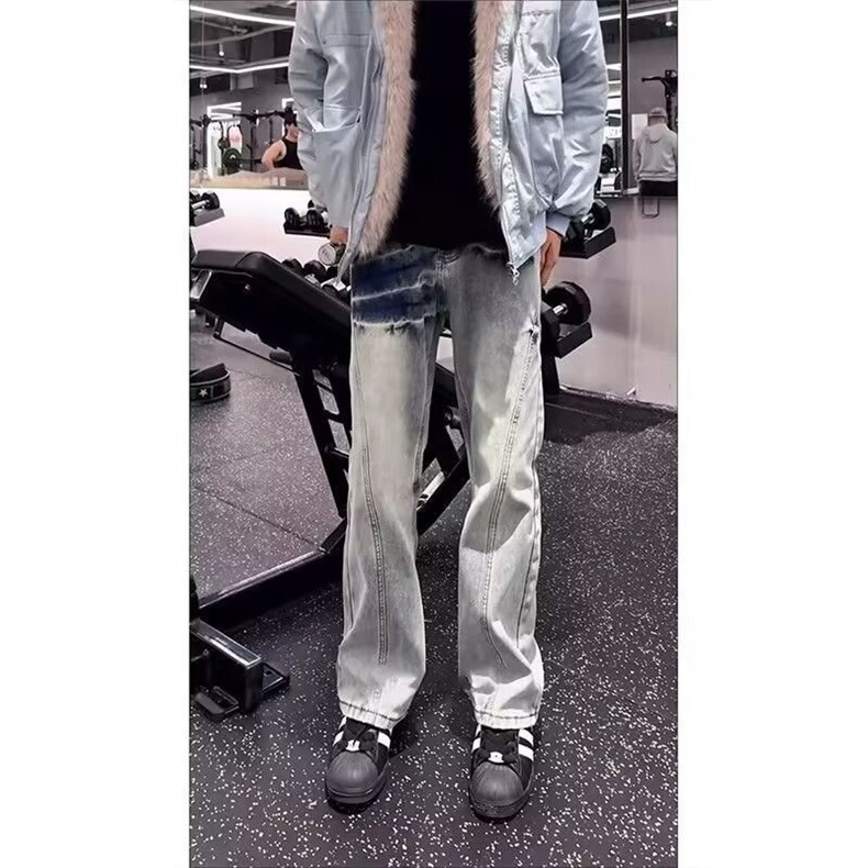 复古拼接水洗磨白猫须直筒微喇牛仔裤男女复古百搭宽松裤子情侣款,男装牛仔裤,星座302B