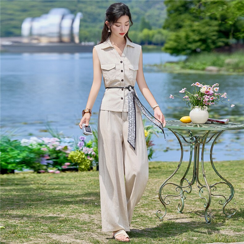 2026年夏季时尚亚麻短袖衬衫阔腿裤两件套装,女装套装/套裙,简韵佳