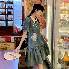 新中式国风牛仔连衣裙女夏2024新款复古小个子休闲减龄短袖裙子，女装连衣裙，2C262