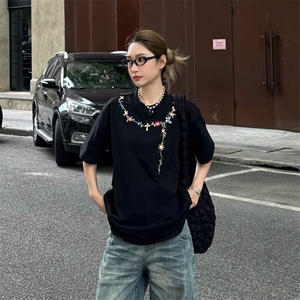 万针全刺绣工艺抖音得物高品质260克重磅纯棉双纱美式高街短袖T恤图片