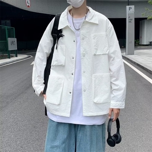 日系青春流行男时尚翻领慵懒风衣潮百搭潮流纯色秋季简约新款图片