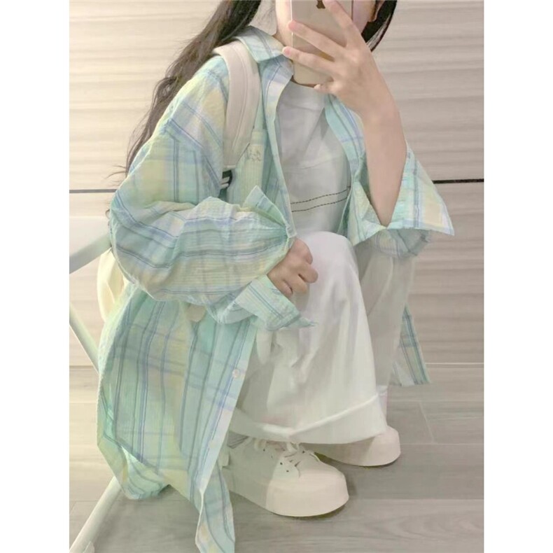 曼波风薄荷绿格子衬衫外套女春秋薄款小个子宽松chic防晒衬衣开衫图片
