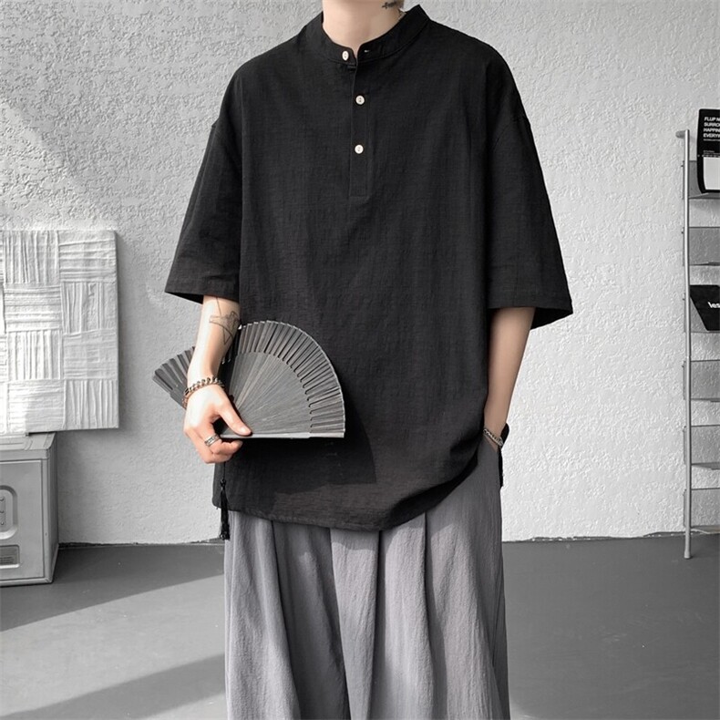 8XL-M中式立领棉麻T恤特大码亨利领亚麻短袖polo衫半袖DX1210/P45图片