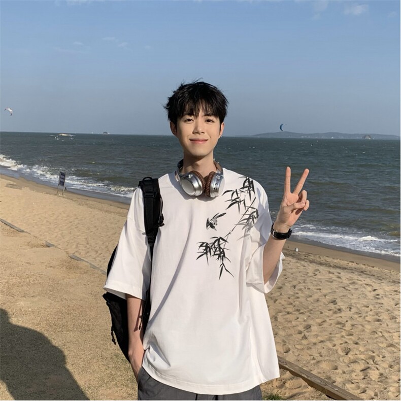 抖音品质直播得物风新中式竹叶印花短袖T恤dcm298-特批20控38图片