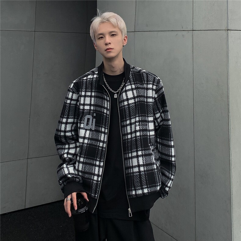 潮牌男秋冬季夹克黑白格纹立领棒球服毛尼夹克JK98-P98,男装夹克,电商C307