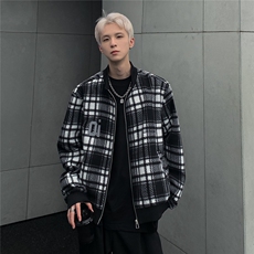 潮牌男秋冬季夹克黑白格纹立领棒球服毛尼夹克JK98-P98，男装夹克，电商C307