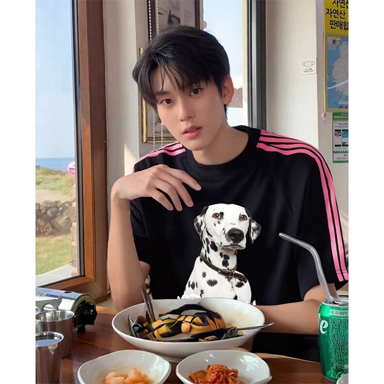 抖音得物品质二开240克宽松纯棉美式潮牌印花三条杠中性风短袖T恤,男装T恤,电商A486-1