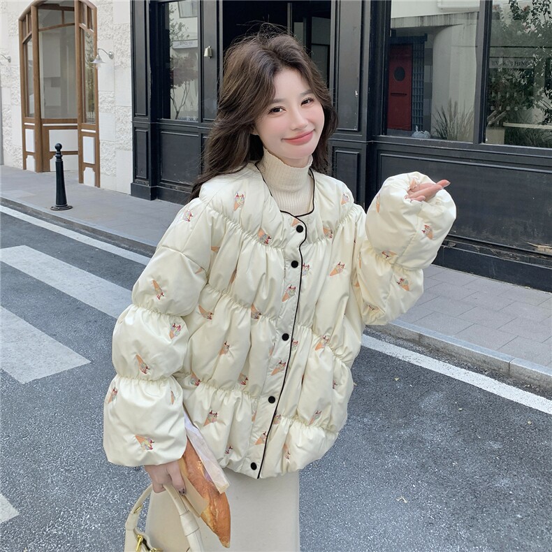 时尚圆领羽绒服女冬2025新款冰淇淋刺绣图案超火巨好看白鸭绒外套,女装羽绒服,琦鑫阁（原依鑫阁）