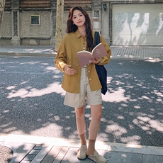 秋季长袖衬衫上衣女设计感小众新款宽松翻领黄色ins韩系纯色衬衣，女装衬衫，梦懿尔