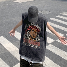 B239-1277-P38夏季水洗做旧背心/马甲美式复古人像印花无袖T恤，男装背心/马甲，星座514-2(原B239)