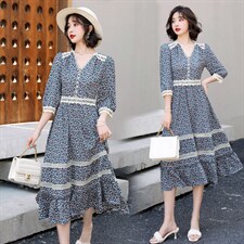 甜美蕾丝花边拼接荷叶边裙花色连衣裙2023年夏季，女装连衣裙，韩蜜菓