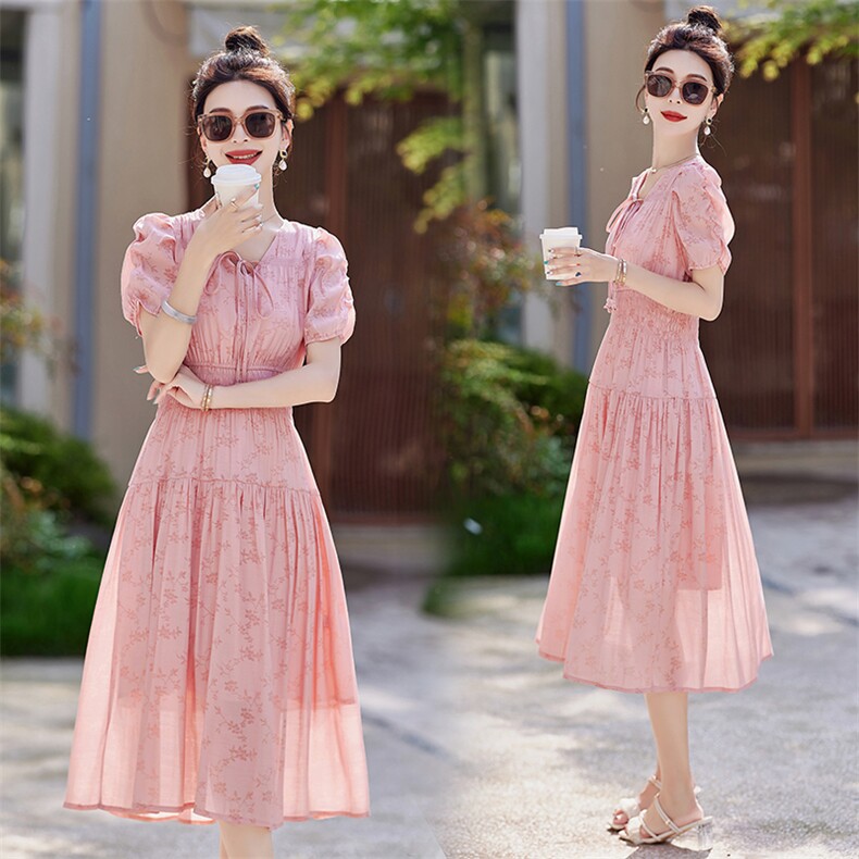 2024年夏季新款优雅气质中长款高腰印花仙女裙连衣裙，女装连衣裙，悦祺