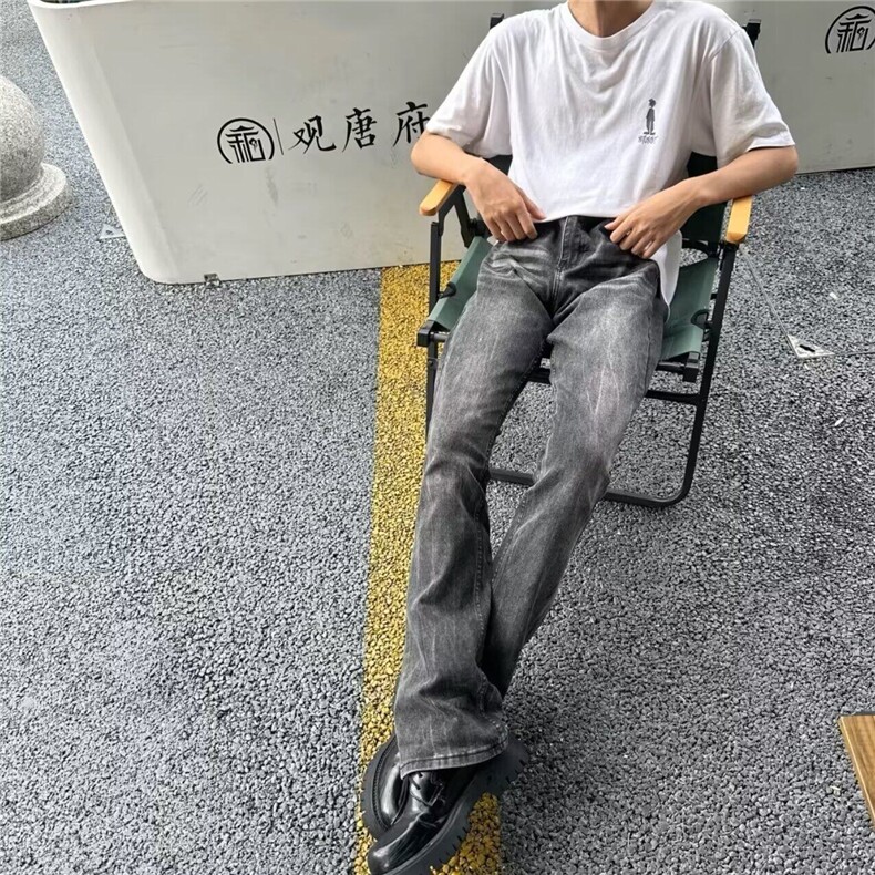 黑灰色水洗做旧渐变牛仔裤男款美式高街潮流街头宽松直筒修身长裤,男装牛仔裤,星座506A