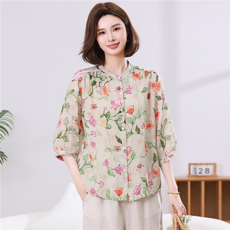 苎麻印花衬衫2026女夏季薄款透气中袖上衣中年妈妈宽松减龄,女装衬衫,忆绮罗