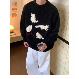 濮院套头毛衣猫咪剪影高级感软糯圆领秋冬宽松慵懒针织衫LF114P55图片