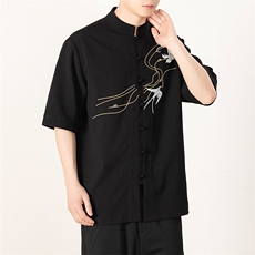 新中式无影墙风棉麻立领盘扣衬衫绣花中袖上衣T2520-P65控89，男装衬衫，电商A021