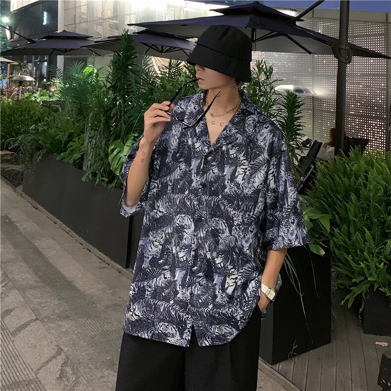 2026夏季新款男垂感卡通印花短袖情侣冰丝衬衫B299-X5513-P35限49,男装T恤,电商A061-1